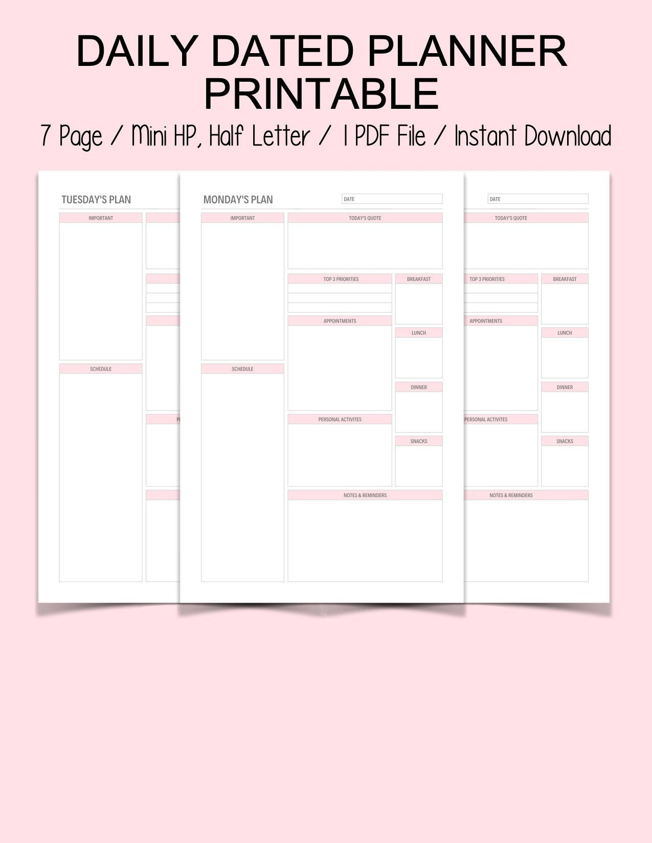 Daily Dated Planner Printable / Mini Happy Planner, Half Letter Size ...