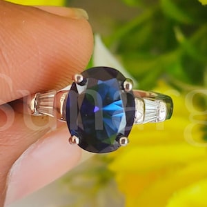 2.50 CT Oval Cut Blue Sapphire, Three Stone Engagement Ring, White Tapered Baguette Anniversary Ring, 925 Sterling Silver, White Gold Over