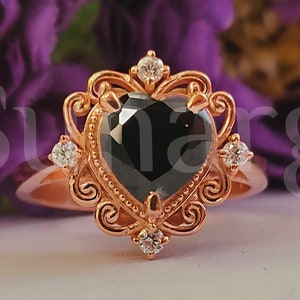 2 Ct Heart Cut Onyx Black Sapphire Wedding Engagement Ring, Solitaire Art Deco Ring, Filigree Ring, 925 Sterling Silver, Rose Gold Finish