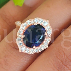 Halo Wedding Engagement Ring, 3 Ct Oval Cut Blue Sapphire, Vintage Ring, Mothers Day Gift, Gift For Mom, 925 Sterling Silver, Rose Gold Over