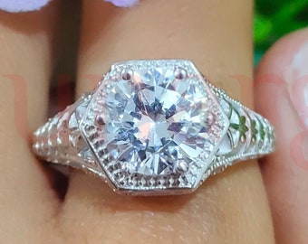 Vintage Wedding Engagement Ring, 2.2 Ct Hexagon Round Cut White Sapphire Moissanite Ring, Filigree Ring, Anniversary Gift, 14K White Gold
