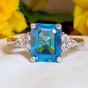 Blue Sapphire Rings, Gorgeous Wedding Engagement Ring White Gold Finish, 3.10Ct Blue Emerald Cut Womens Anniversary Gift 925 Sterling Silver