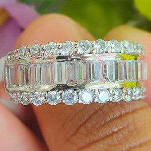 Half Eternity Wedding Band, 14K White Gold 2 Ct Baguette and Round Cut White Sapphire Moissanite Stacking Band, Anniversary Gift for Women