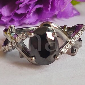2.20 Ct Oval Cut Onyx Black Sapphire Engagement Ring, Enchanted Disney Villains Ring, Crossover Shank, 925 Sterling Silver, Black Gold Over