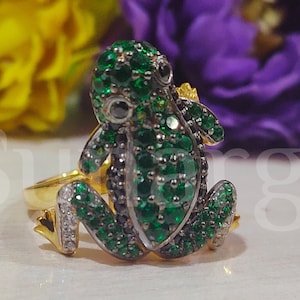 Frog Ring, 3 Ct Round Cut Green Sapphire Proposal Ring for Her, Animal Ring, Frog Gift for Women, Yellow Gold Finish, 925 Sterling Silver