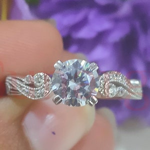 Solitaire Wedding Engagement Ring, 2.5 Ct Round Cut White Sapphire Moissanite Ring, Vintage Milgrain Ring, Birthday Gift, 14K White Gold