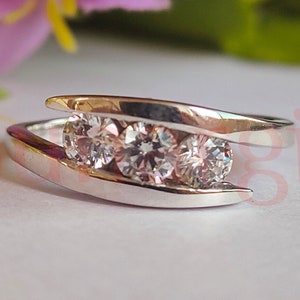 Swirl Ring, Bypass Ring, Tension Set Ring, Three Stone Ring, 2.5 Ct Round Cut White Sapphire Moissanite Engagement Ring, 14K White Gold Ring