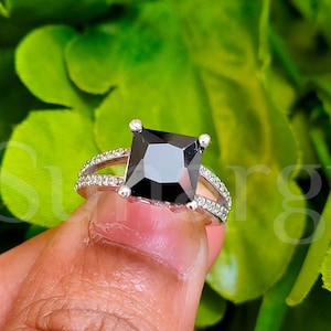 2.20ct Princess Cut Black Stone Sapphire Rings, Solitaire With Accents Split Shank Wedding Engagement Ring Sterling Silver White Gold Finish
