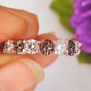 Full Eternity Skull Band, 2 Ct Round Cut White Sapphire & Skull Band, Halloween Gift, Gothic Ring, White Gold Finish, 925 Sterling Silver