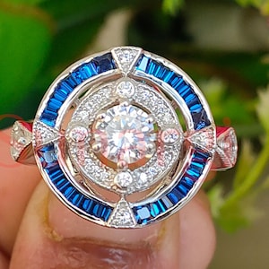 Vintage Art Deco Wedding Engagement Ring 3.10 CT Baguette Blue Sapphire Round White Sapphire Ring 925 Sterling Silver White Gold Finish