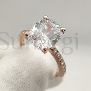 3 Carat Cushion Cut White Sapphire Rings, Bridal Wedding Ring Rose Gold Finish Sterling Silver, Womens Solitaire Ring Size 4 To 12