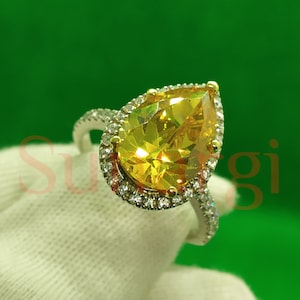 5 Carat Canary Yellow Sapphire Rings - Pear Shaped Engagement Ring White Gold Finish - Anniversary Ring Gift for Women - 925 Sterling Silver