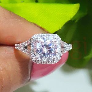 3 Ct Round Cut White Sapphire Wedding Engagement Ring for Women, Split Shank Ring, Halo Style Design White Gold Finish 925 Sterling Silver
