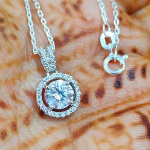 Promise Pendant Necklace • 2.8 Ct Round Cut White Sapphire • Dainty Halo Necklace White Gold Finish • Real 925 Sterling Silver 18 inch Chain