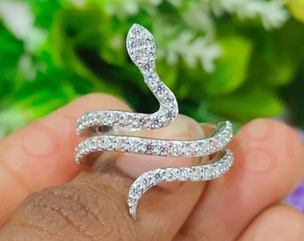 Schlangenform Ring, 1.15 Ct Rundschliff Weißer Saphir Verlobungsring, Tierring, Jubiläumsgeschenk für Sie, Weißgold-Finish, 925 Silber