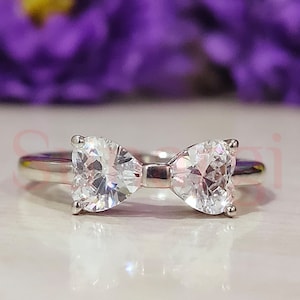 2.2 Ct Double Heart Shaped White Sapphire Promise Ring, Bow Style Engagement Ring, Valentine&#39;s Ring, 925 Sterling Silver, White Gold Finish