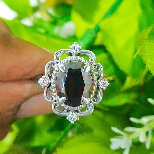 Zafiro negro de talla ovalada de 2,5 quilates, anillo de compromiso de boda Art Déco vintage, anillo solitario, regalo de aniversario, plata de ley, oro blanco sobre