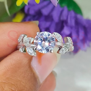 Solitaire Leaf Engagement Ring, 2.20 Ct Round Cut White Sapphire Wedding Ring, Anniversary Gift for Her, White Gold Over 925 Sterling Silver