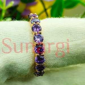 Amethyst Eternity Band, 1.5 Ct Round Cut Purple Sapphire, Full Eternity Wedding Band, Birthday Gift, 925 Sterling Silver, Rose Gold Finish