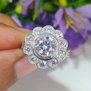 Halo Wedding Engagement Ring, Flower Shape Ring, 2.5 Ct Round Cut White Sapphire, Milgrain Bezel Set Ring, Sterling Silver White Gold Finish