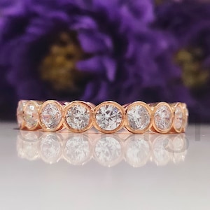 Half Eternity Love Promise Band, 1 Ct Round Cut White Sapphire Bezel Set Band, Stackable Wedding Band Rose Gold Finish Real Sterling Silver