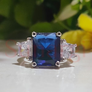 4 CT Radiant Cut Blue & White Sapphire, Three Stone Wedding Engagement Ring, Anniversary Gift for Her, 925 Sterling Silver White Gold Finish