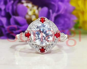 2.50 Ct Rundschliff Weißer Saphir, Vintage Art Deco Hochzeit Verlobungsring, Halo Ring, Jubiläumsgeschenk, Sterling Silber Weißgold über