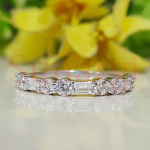 1.00 ct Round & Emerald Cut White Sapphire Ring, Half-Eternity Wedding Engagement Band Ring for Women, White Gold Finish 925 Sterling Silver