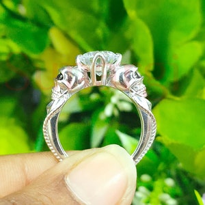 Gothic Skull Ring, 2 Kt Rundschliff Weißer & Schwarzer Saphir, Zwei Schädel Verlobungsring Für Frauen, 925 Sterling Silber, Weißgold Over