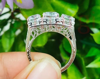 Vintage Three Stone Wedding Engagement Ring, 3.5 CT Round Cut White Sapphire, Filigree Ring, White Gold Over 925 Sterling Silver, Gift Ring