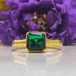 Solitaire Full Bezel Set Ring, 2.5 Carat Asscher Cut Green Sapphire Engagement Ring, Anniversary Gift, 925 Sterling Silver, Yellow Gold Over
