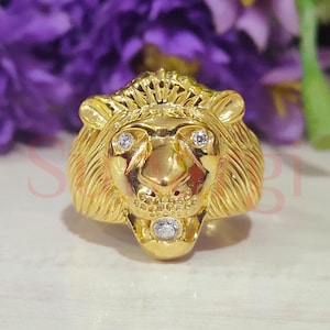 Lion Panther Animal Engagement Ring With White Eyes, Men Women's Valentines Gift, Silver, Yellow Gold Over, Lion Head, Animal Jewelry