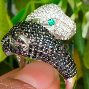 Zwei Gesicht Panther inspiriert Schwarz und Weiß Runde Saphir Verlobungsring, Tier inspiriert Ehering Leopard Ring, Weißgold über Silber