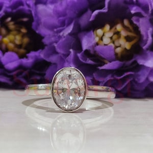 2 CT Oval Cut White Sapphire Ring, Bezel Set Engagement Ring, Solitaire Wedding Ring, Promise Ring For Women Sterling Silver White Gold Over