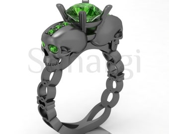 Vintage 2 karat grön solitär safir herrdödskallering, dödskalle statementring, gotisk svart dödskalle sterlingsilver bikerring storlek 5-12 US