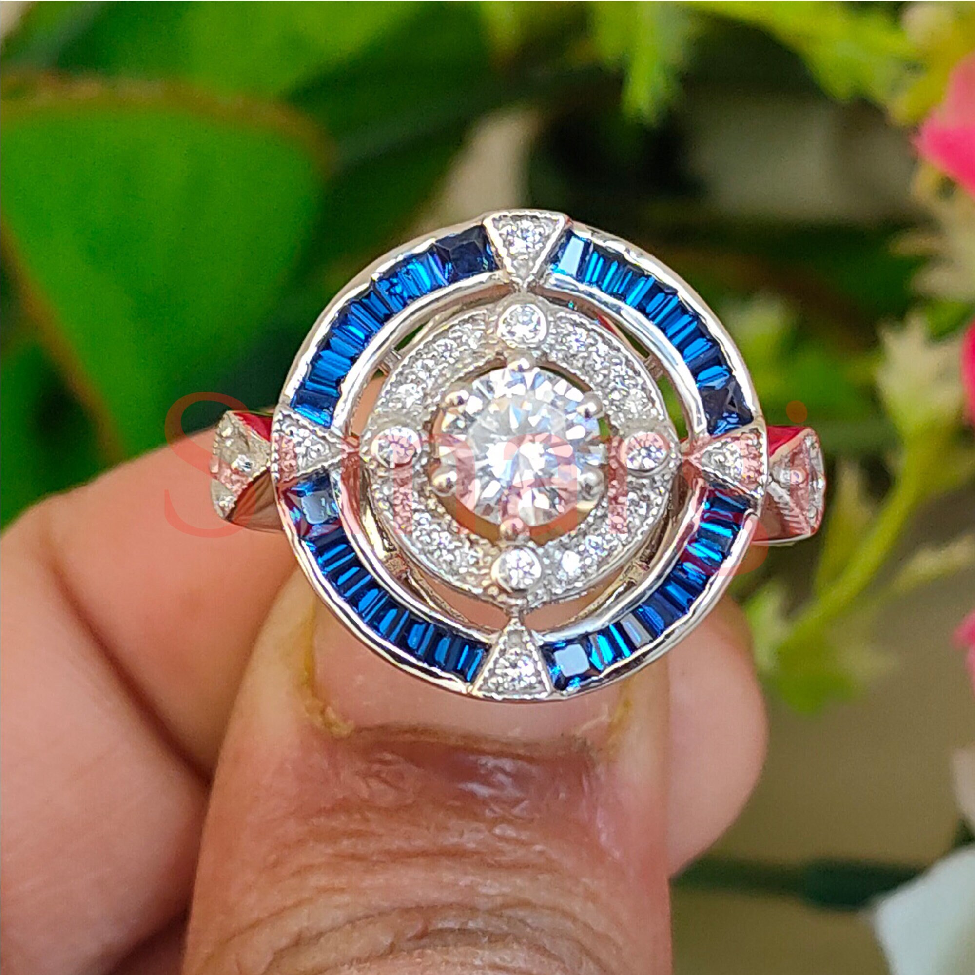 Vintage Art Deco Wedding Engagement Ring 3.10 CT Baguette Blue Sapphire Round White Sapphire Ring 925 Sterling Silver White Gold Finish