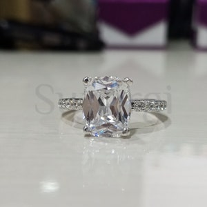 2.30 Ct Cushion Shape White Sapphire, Solitaire With Accent Wedding Engagement Ring, 925 Sterlig Silver, White Gold Finish, Sapphire Ring