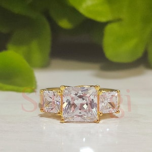 Three Stone Engagement Ring, 3.50 CT Princess Cut White Sapphire Anniversary Ring, Trilogy Ring, 925 Sterling Silver, 14K Yellow Gold Finish