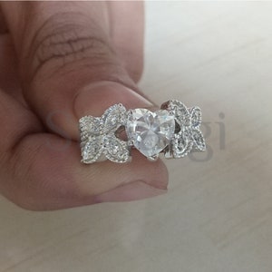 2ct Heart Cut White Sapphire Rings Promise Ring, Engagement Ring for Women, 2 Butterfly on Shank, Sterling Silver White Gold Finish