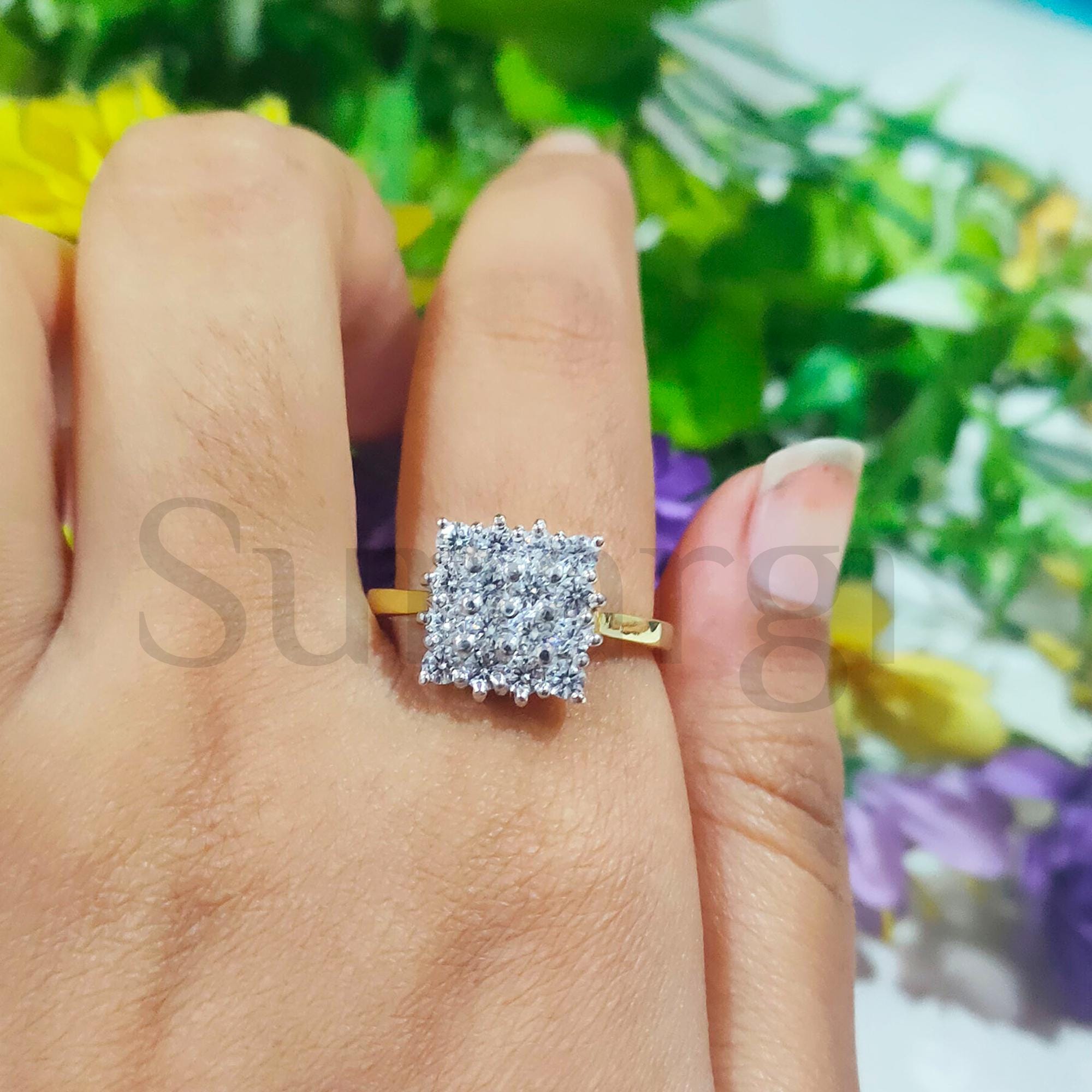 Cluster Wedding Ring, 0.8 Ct Round Cut White Sapphire Square Shape Ring, Anniversary Gift for Her, Silver Two Tone Gold Over, Unisex Ring