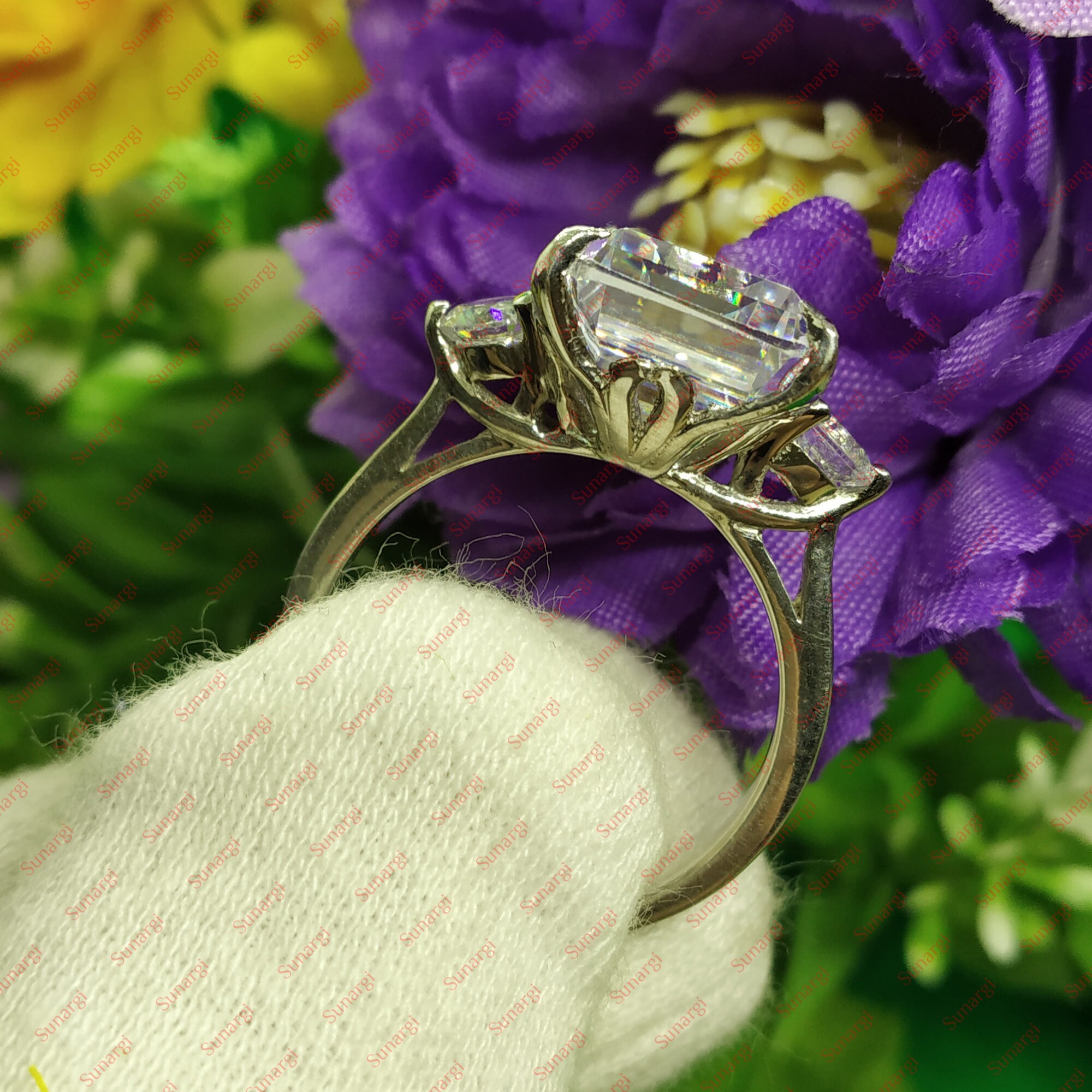 3.20ct White Sapphire Rings Emerald Cut Three Stone Ring Etsy