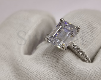 Solitaire With Accent Wedding Engagement Ring, White Gold Finish, 2.60Ct Emerald Cut White Sapphire, 925 Sterling Silver Promise Ring Gift