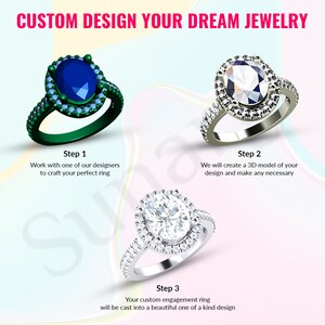 May include: An advertisement for custom engagement rings. The image shows three rings: one with a blue gemstone, one with a clear gemstone, and one with a clear oval gemstone. Text reads "CUSTOM DESIGN YOUR DREAM JEWELRY."