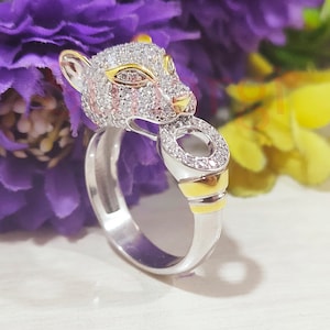 Panther Face Ring, 2 Ct Round Cut White Sapphire Engagement Ring, Animal Inspired Wedding Ring, Leopard Ring Two Tone Gold Finish 925 Silver