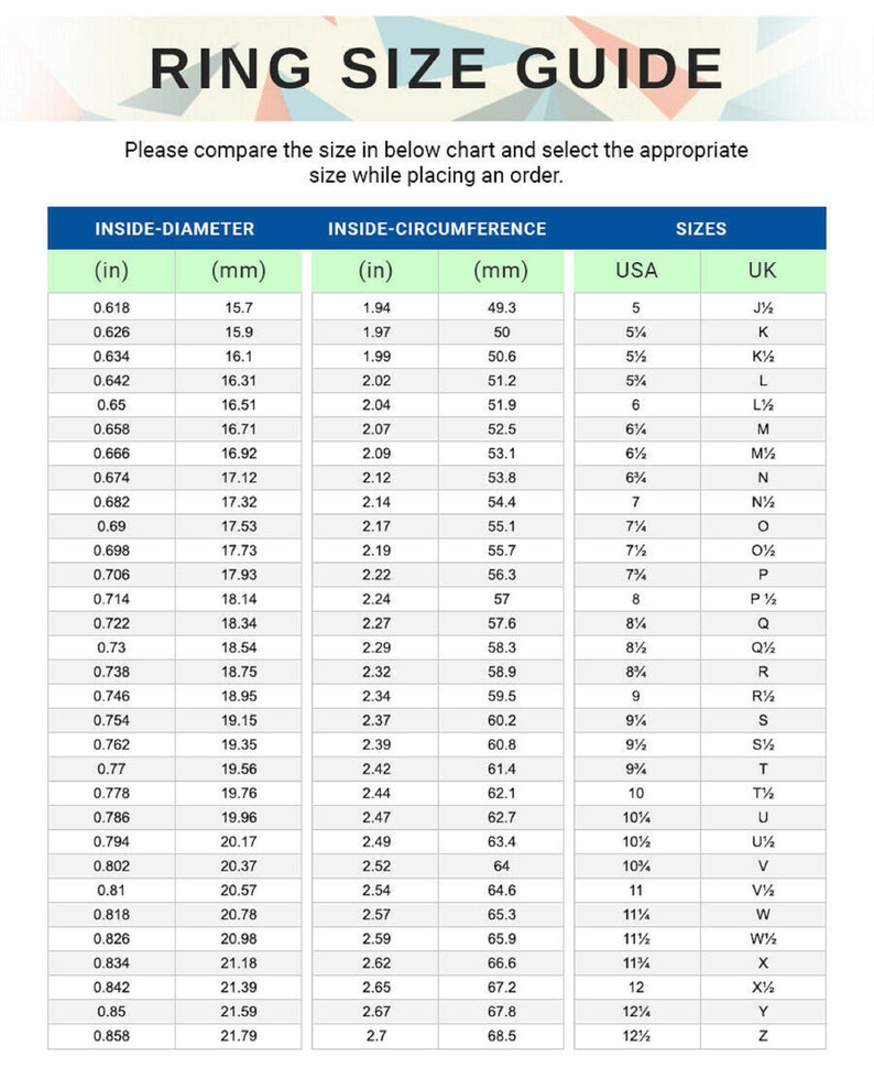 May include: Ring size guide chart with measurements in inches and millimeters, including USA and UK sizes. The chart helps to compare sizes for accurate ring selection when ordering.