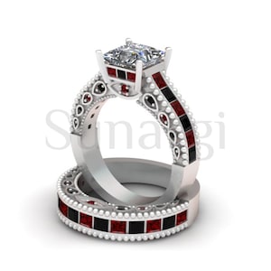 2.65 Ehering Set WeißGold Finish, Prinzessin Cut Brautring Set, Ehering Set, Weißer Saphir Braut Set, 925 Sterling Silber Ring