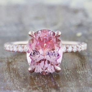 3 Carat Oval Cut Pink Sapphire Rings Beautiful Solitaire with Accents Engagement Ring for Women Rose Gold Finish Sterling Silver