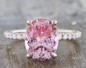 3 Carat Oval Cut Pink Sapphire Rings Beautiful Solitaire with Accents Engagement Ring for Women Rose Gold Finish Sterling Silver
