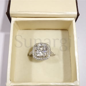 4ct Cushion Cut White Sapphire Rings, Engagement Ring for Women, Halo Style Design White Gold Finish Sterling Silver