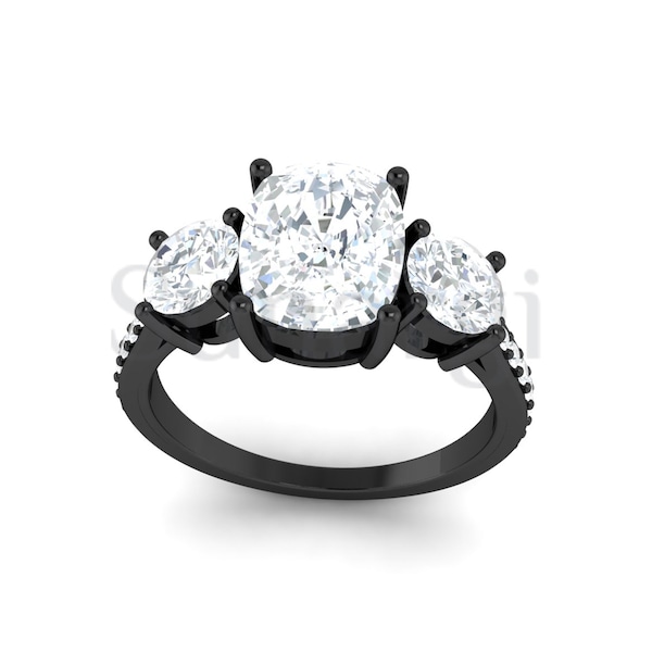 3.10ct Cushion Cut White Sapphire Rings Three Stone Wedding Engagement Ring, Women 3 Stone Rings Black Rhodium Finish Sterling Silver